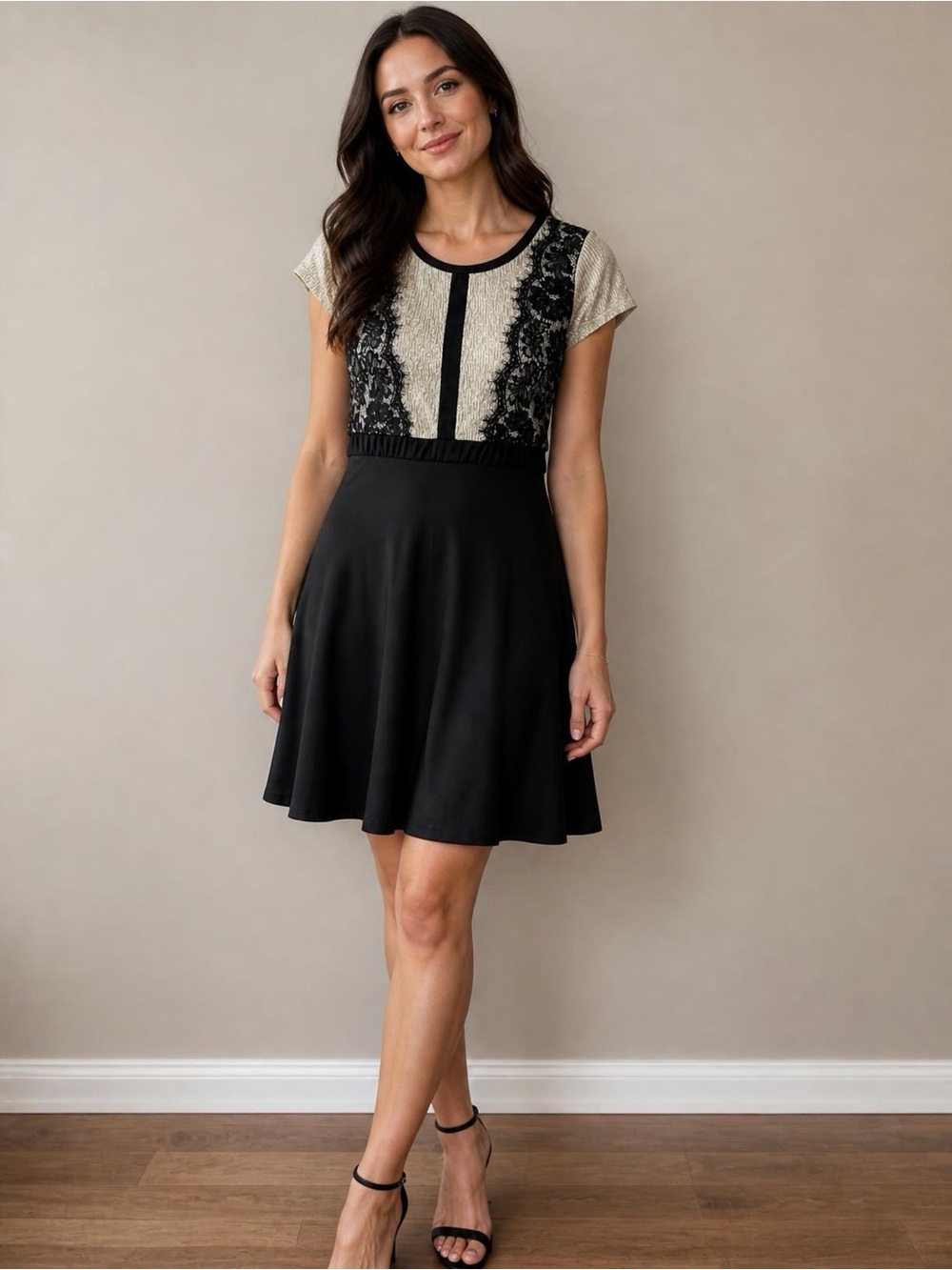 NY Collection Black & Cream Lace-Trim Fit & Flare Dress Romantic Skatecore XS